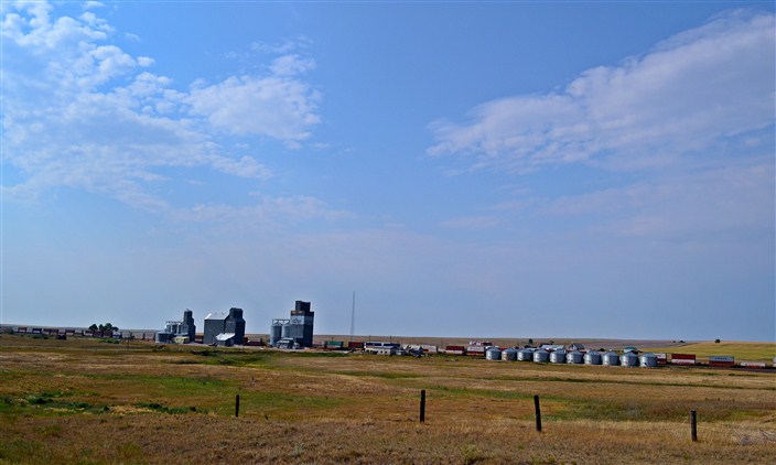 A typical Montana sight: grain silos and freight trains